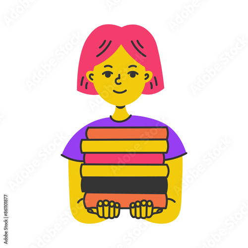 Cute Girl holding Stack of Books. Happy smiling young woman posing with literature novels. Crossing exchange reading knowledge student studying bookstore concept. Vector illustration. Flat design