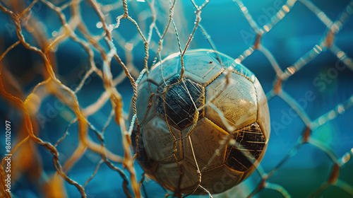 Soccer ball hitting the net in a dramatic goal, with empty copy space, em 2024 