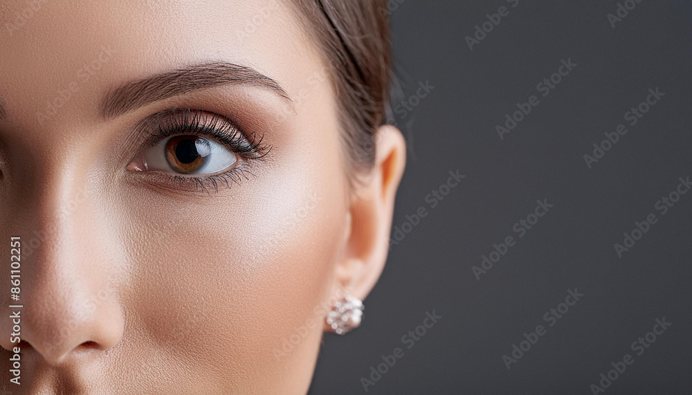 Close-up shot of a woman face on pure black background, low light, copy space on a side Close-up shot of a woman face on pure black background, low light, copy space on a side