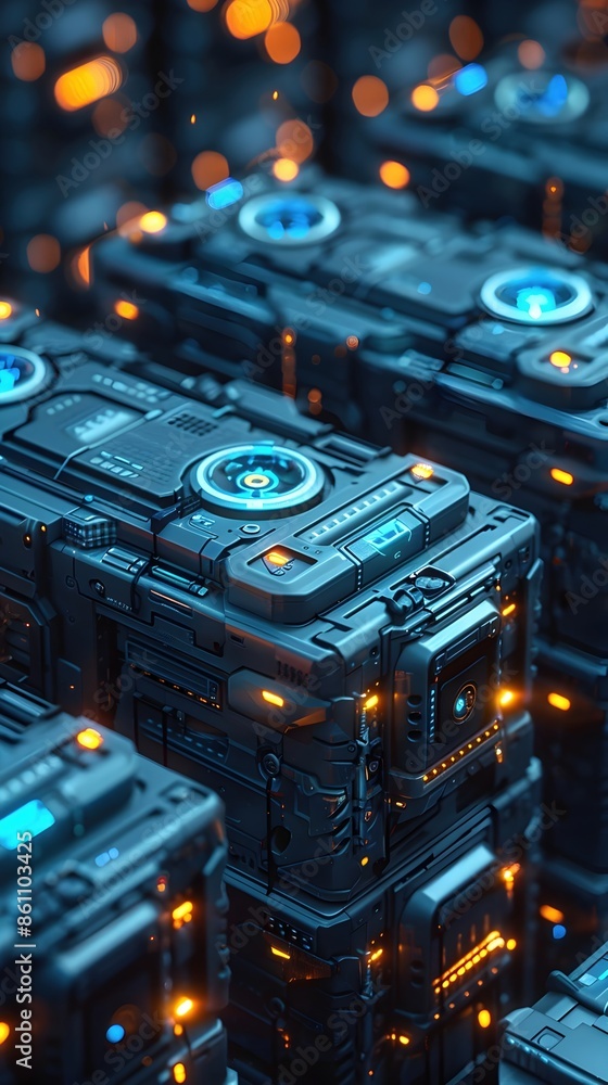 Futuristic Luminous Battery Source With Tiered Energy Formation and Industrial Utility Crates Futuristic Luminous Battery Source With Tiered Energy Formation and Industrial Utility Crates