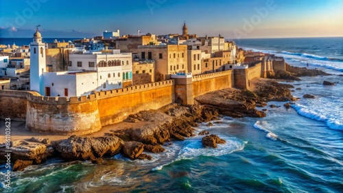 Panoramic sun-kissed view of ancient Essaouira medina's rust-colored ramparts, blue ocean, and whitewashed buildings with ornate architecture. photo