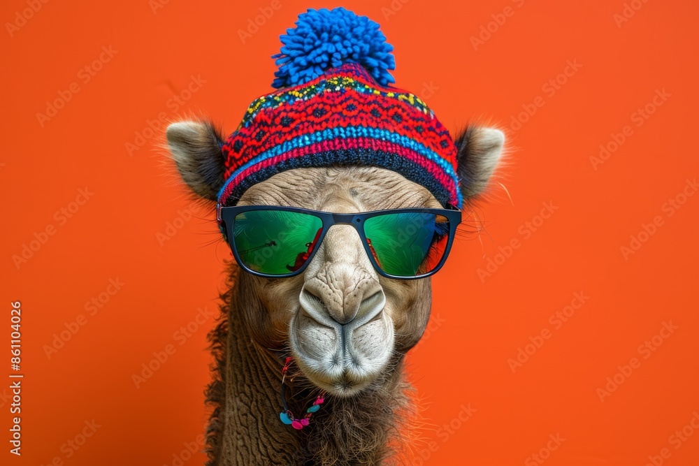 Stylish camel wearing colorful knitted hat and sunglasses on orange background Stylish camel wearing colorful knitted hat and sunglasses on orange background
