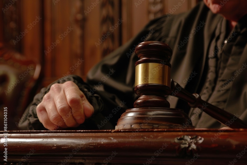 Close-up of a lawyer's hand using a gavel on a judge's bench in a courtroom Close-up of a lawyer's hand using a gavel on a judge's bench in a courtroom