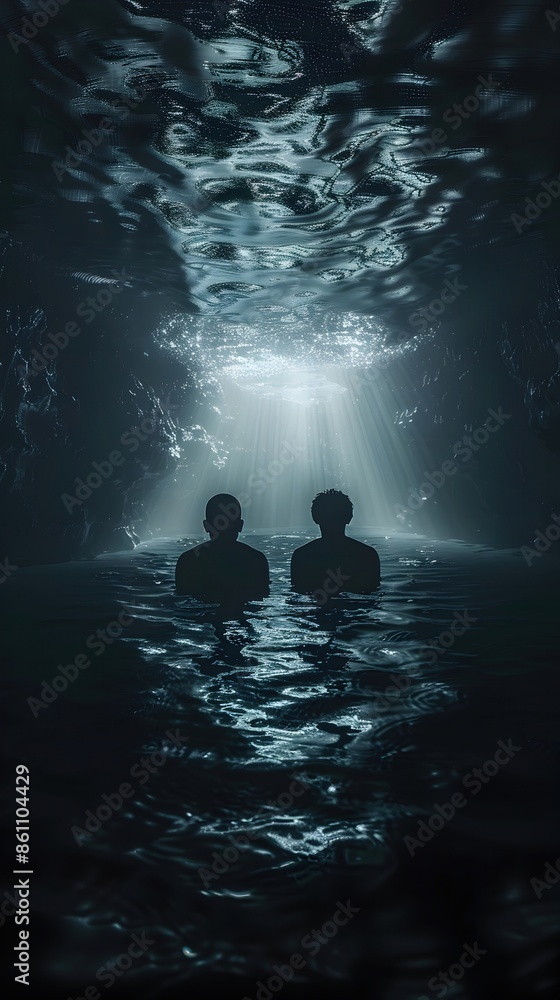 Fototapeta premium Submerged Figures in a Dark,Ominous Lake Conveying Foreboding and Unseen Dangers