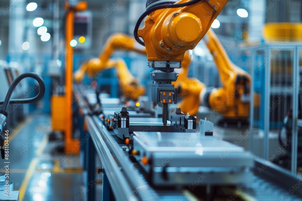A factory production line with advanced machinery and workers operating industrial equipment in a modern manufacturing plant A factory production line with advanced machinery and workers operating industrial equipment in a modern manufacturing plant