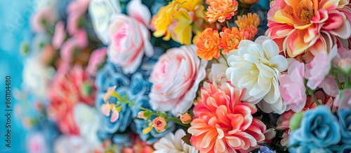 Colorful artificial flower decoration. Copy space image. Place for adding text and design
