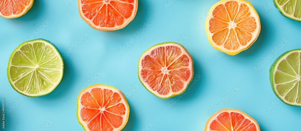 Colorful fruit pattern of lime slices on blue background. Top view. Flat lay. Copy space image. Place for adding text or design Colorful fruit pattern of lime slices on blue background. Top view. Flat lay. Copy space image. Place for adding text or design