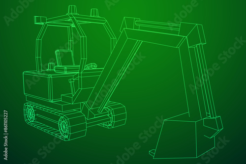 Heavy equipment excavator machine manufacturing power equipment for open pit mining. Wireframe low poly mesh vector illustration