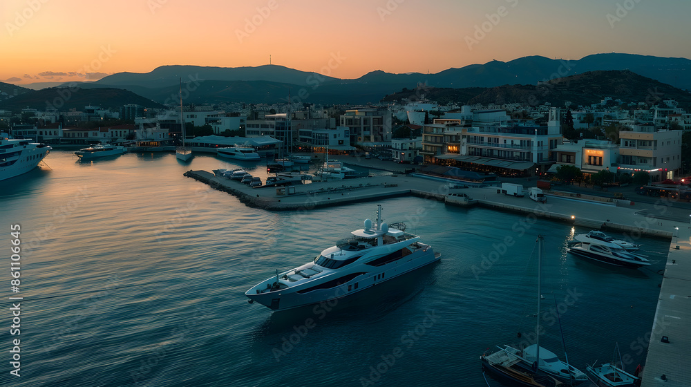 Fototapeta premium Aerial drone photo of beautiful yacht manoeuvring inside round port of Zea or Passalimani a safe anchorage in seaside area of Piraeus Attica Greece : Generative AI