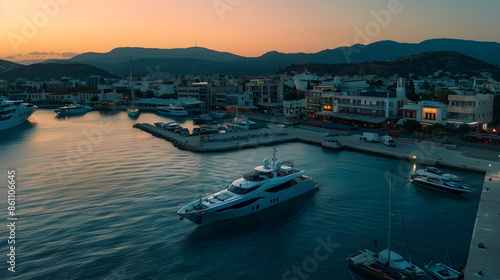 Aerial drone photo of beautiful yacht manoeuvring inside round port of Zea or Passalimani a safe anchorage in seaside area of Piraeus Attica Greece : Generative AI photo