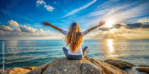Rear view of a long-haired, free, calm and happy woman with long hair sitting on a rock by the sea with her arms outstretched against the sky.