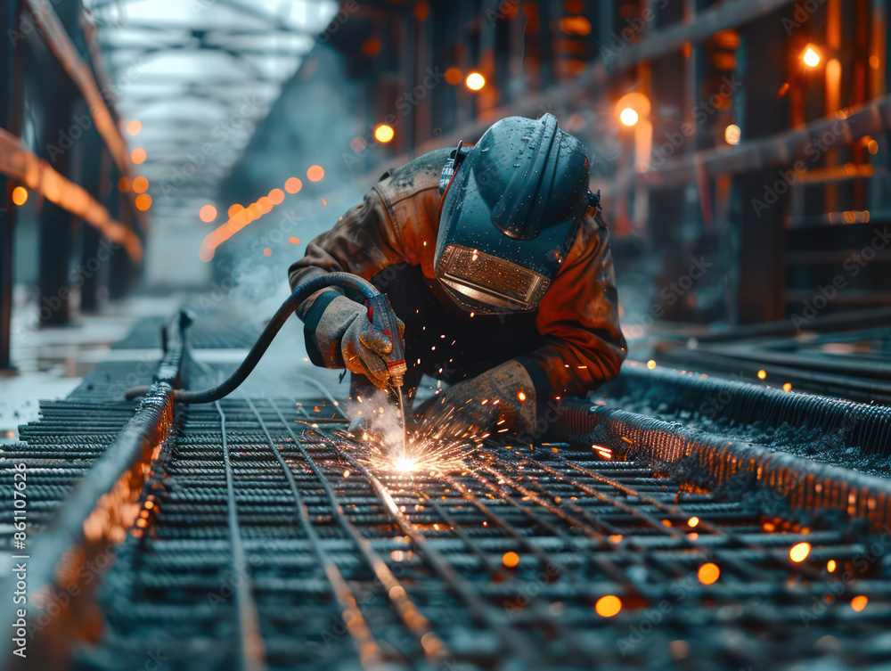 A construction worker and construction site using a welding torch to join metal parts together wearing a dark safety helmet in construction site. Building business or Happy labor day concept. A construction worker and construction site using a welding torch to join metal parts together wearing a dark safety helmet in construction site. Building business or Happy labor day concept.