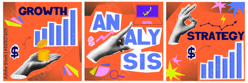 Analysis collage with halftone hand and growth money. Financial and business concept. Halftone poster set
