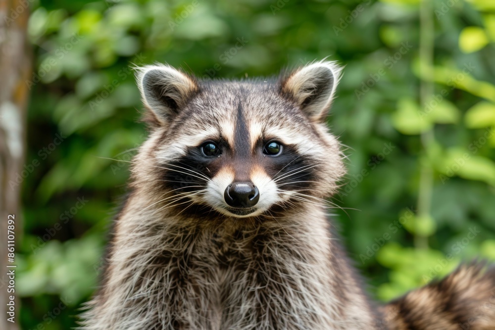 Curious raccoon in natural habitat looking at camera Curious raccoon in natural habitat looking at camera