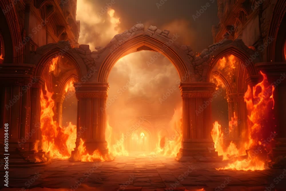 stone arches with flames on background stone arches with flames on background