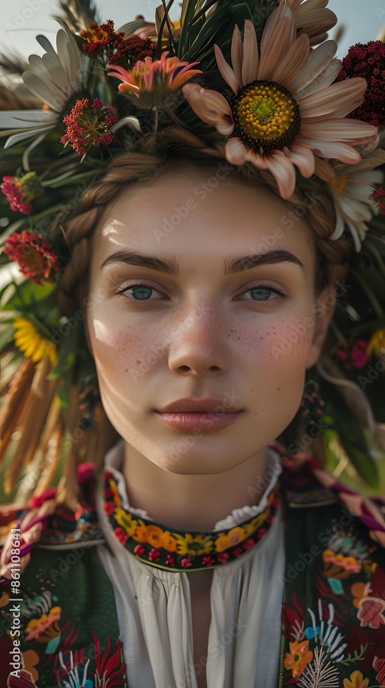 Fototapeta premium Young Woman Wearing A Floral Crown In A Field During The Day