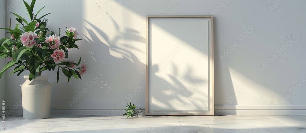 A picture frame on the floor with a flower vase. Copy space image. Place for adding text and design A picture frame on the floor with a flower vase. Copy space image. Place for adding text and design