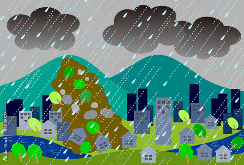 台風/大雨による土砂崩れと洪水イラスト