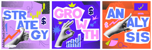 Analysis collage with halftone hand and growth money. Financial and business concept. Halftone poster set