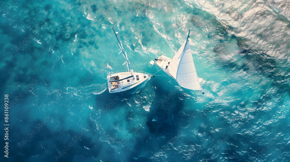 Fototapeta premium Wave and sail yacht on the sea as a background Sea and waves from top view Blue water background from top view Top view from drone Summertime vacation Travel image : Generative AI