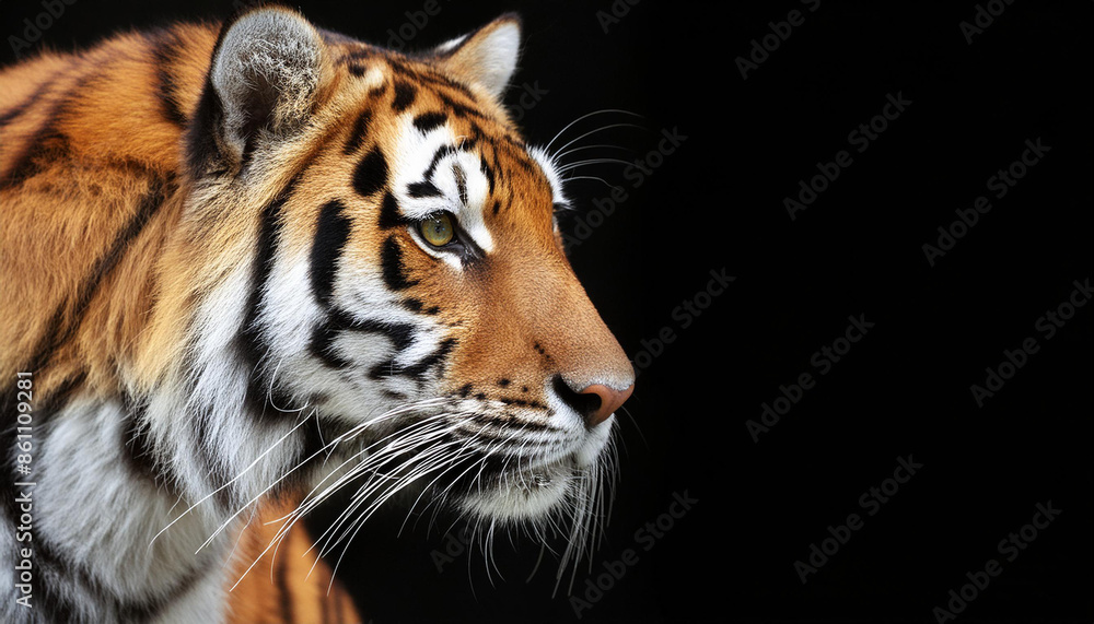 Fototapeta premium Tiger with a black background, copy space on a side