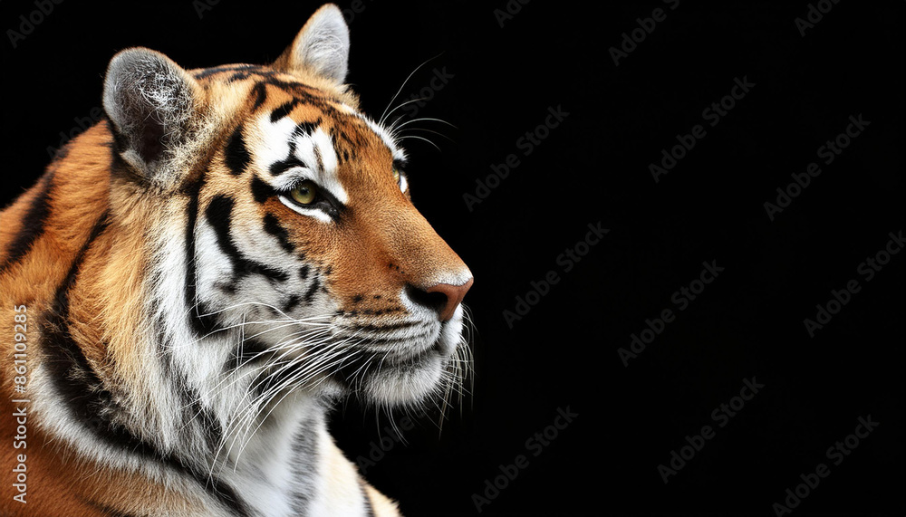 Naklejka premium Tiger with a black background, copy space on a side