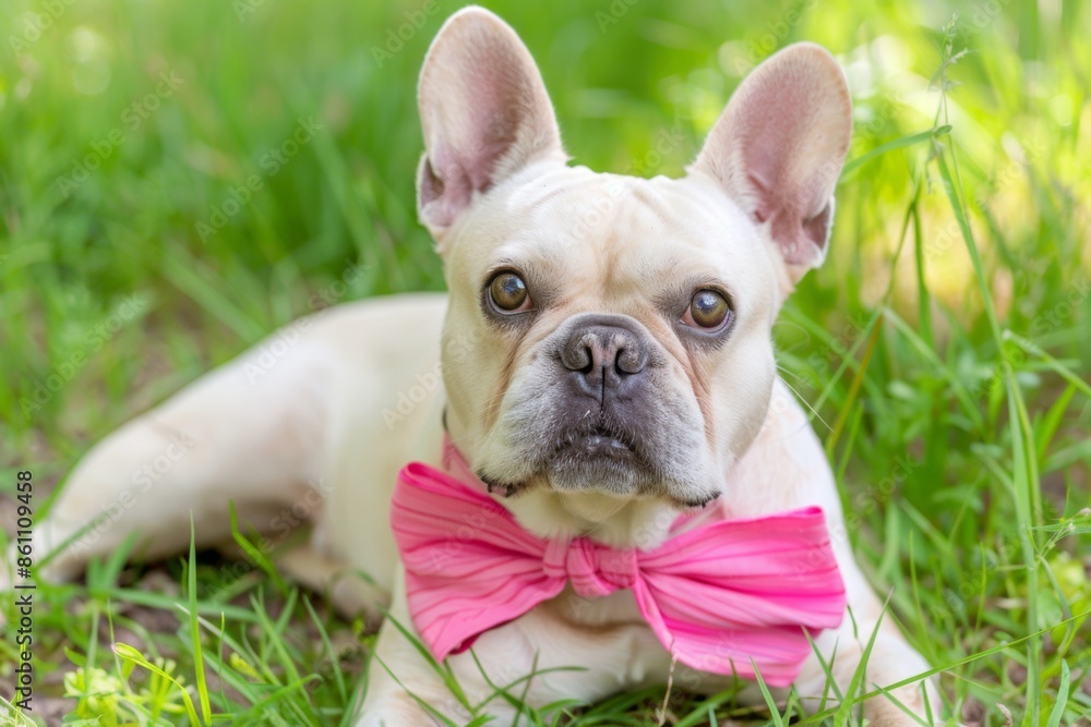 Charming french bulldog with pink bowtie on green grass Charming french bulldog with pink bowtie on green grass