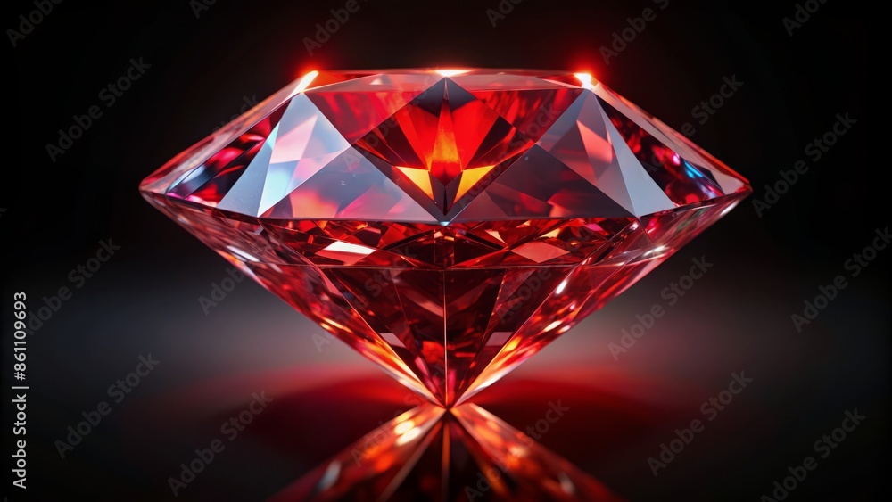Vibrant red diamond gemstone isolated on black background, light reflections highlighting its intricate cut and flawless crystal structure beautifully. Vibrant red diamond gemstone isolated on black background, light reflections highlighting its intricate cut and flawless crystal structure beautifully.