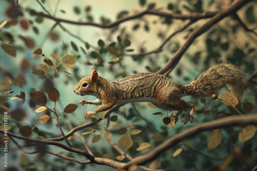 Fototapeta premium A squirrel is jumping from a tree branch with leaves on the ground