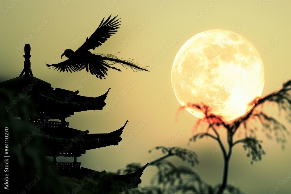 A silhouette of a bird flying over a moonlit sky