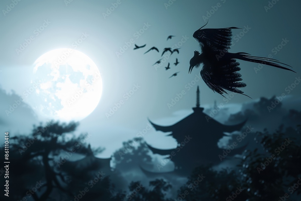 Fototapeta premium A silhouette of a bird flying over a moonlit sky