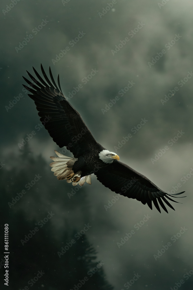 Obraz premium Majestic bald eagle soaring through stormy sky