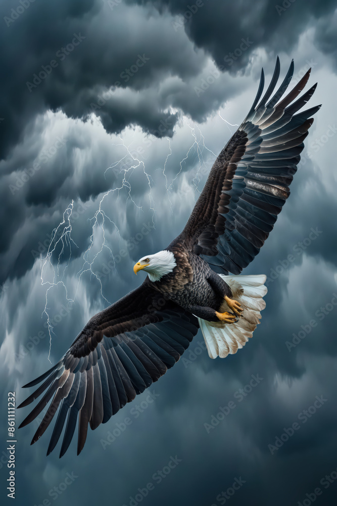 Fototapeta premium Majestic bald eagle soaring through a dramatic lightning storm