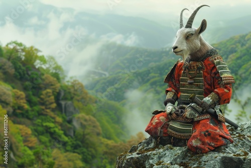 A goat dressed in samurai armor sits on a mountain top photo