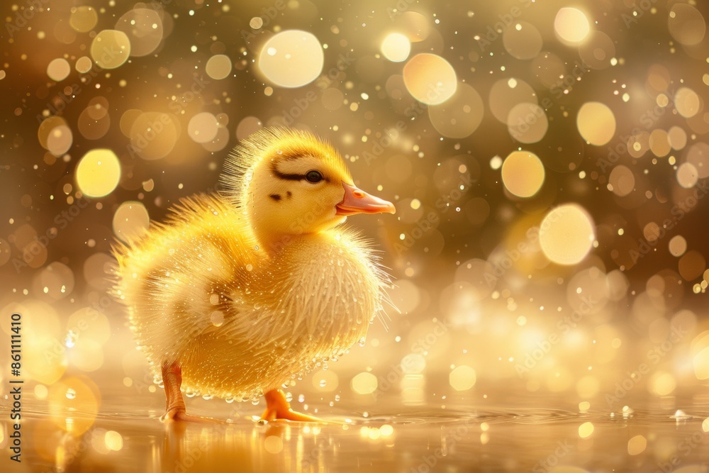 Golden hour duckling amidst sparkling lights Golden hour duckling amidst sparkling lights