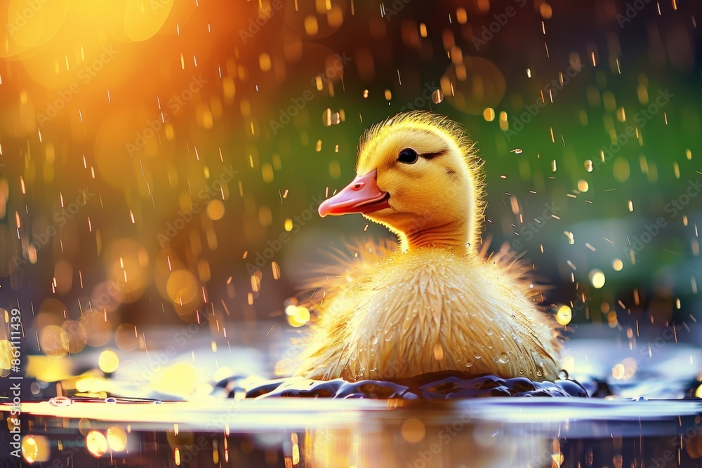 Golden hour duckling enjoying a rain shower Golden hour duckling enjoying a rain shower