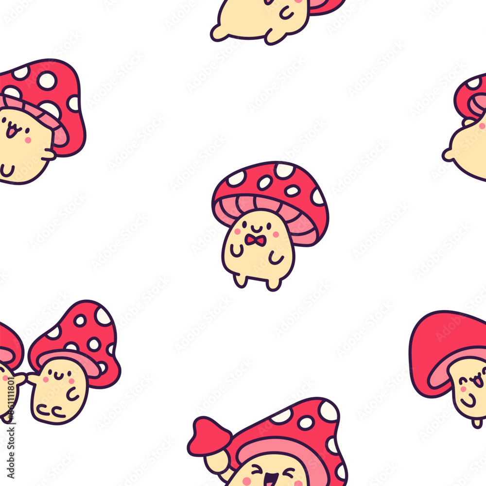 Cute kawaii funny mushroom. Seamless pattern. Cartoon character in different poses. Hand drawn style. Vector drawing. Design ornaments. Cute kawaii funny mushroom. Seamless pattern. Cartoon character in different poses. Hand drawn style. Vector drawing. Design ornaments.