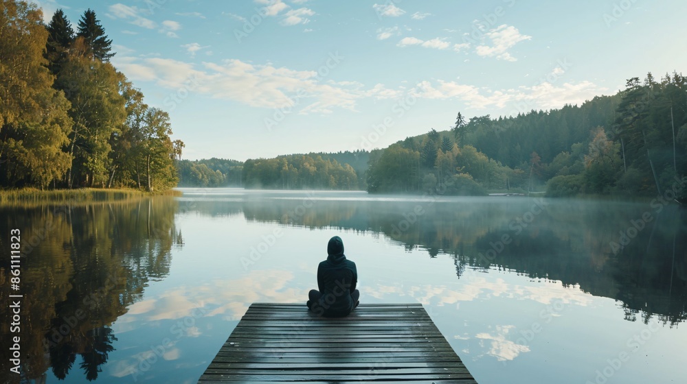 A person sitting on a dock by a calm lake, gazing out at the water A person sitting on a dock by a calm lake, gazing out at the water
