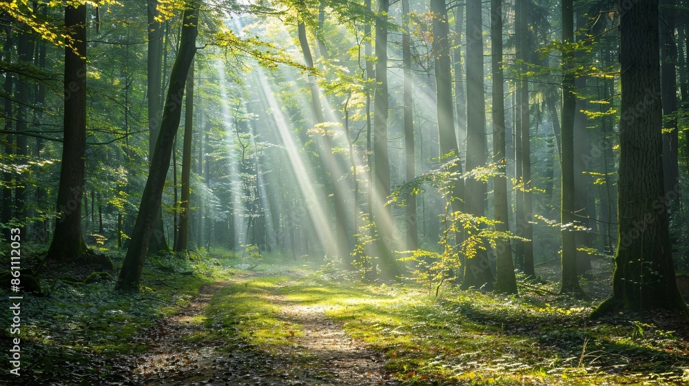 Fototapeta premium A tranquil forest trail with sunlight filtering through the trees