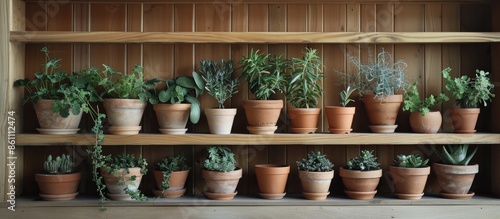 Beautiful potter plants on shelf. Copy space image. Place for adding text and design