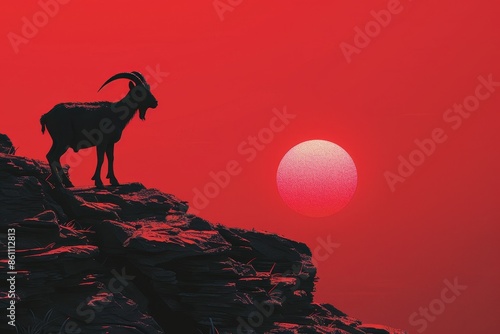 A goat is standing on a rocky ledge in front of a red sun © Phuriphat