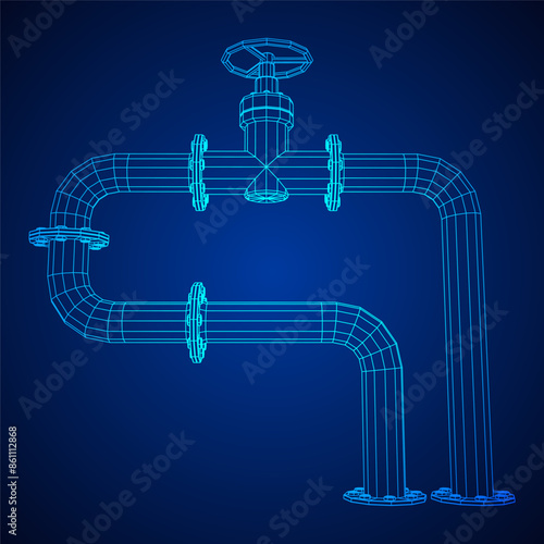 Oil pipeline with valve. Petrol production. Petroleum fuel industry transportation line. Wireframe low poly mesh vector illustration