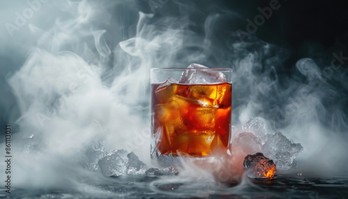 Alcoholic drink on dark background with cubes of ice and billowing smoke. Aesthetic alcohol cocktail