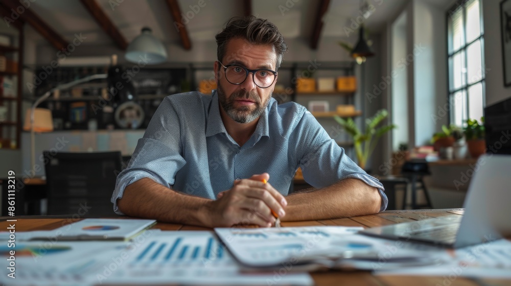 Strategic Financial Analysis: Businessman Examining Company Balance Sheet with Augmented Reality Graphs for Long-Term Investment Strategic Financial Analysis: Businessman Examining Company Balance Sheet with Augmented Reality Graphs for Long-Term Investment