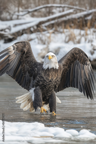 American bald eagle landing on partially frozen river in winter photo