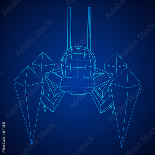 Spider robot with radar antenna. Nanobot, nanotechnology medical concept. Wireframe low poly mesh vector illustration