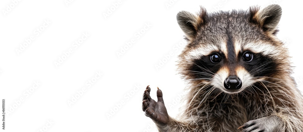 Funny raccoon showing a rock gesture isolated on white background. Copy space image. Place for adding text or design Funny raccoon showing a rock gesture isolated on white background. Copy space image. Place for adding text or design