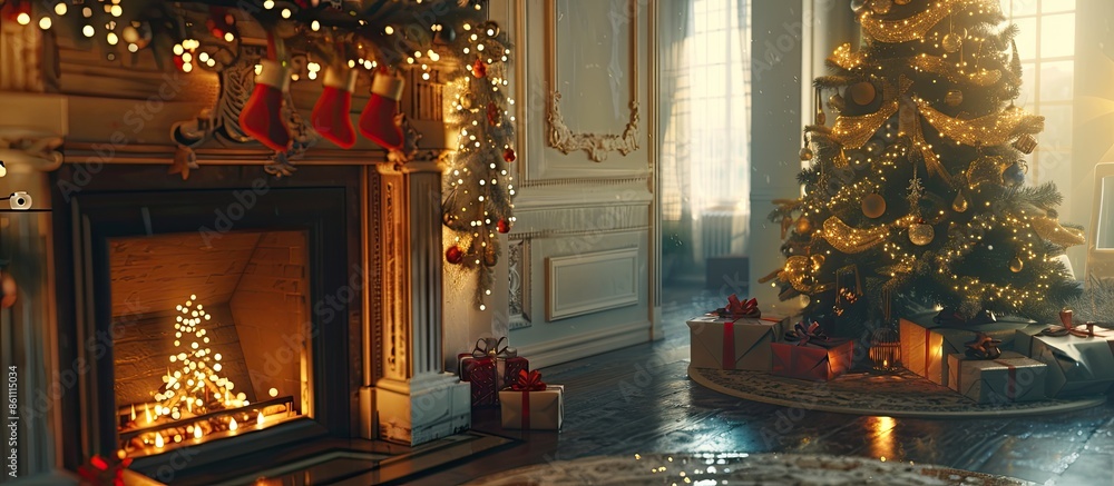 custom made wallpaper toronto digitalCozy Christmas evening in the living room with a fireplace and a Christmas tree decorated with garland lights and gifts. Christmas magic. Classic warm New Year's interior. Copy space image