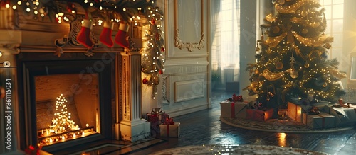 Wallpaper Mural Cozy Christmas evening in the living room with a fireplace and a Christmas tree decorated with garland lights and gifts. Christmas magic. Classic warm New Year's interior. Copy space image Torontodigital.ca