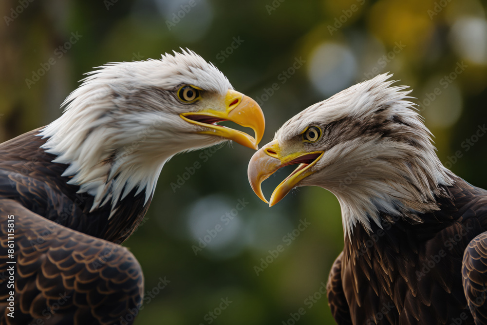 Two beautiful bald eagles communicating with open beaks Two beautiful bald eagles communicating with open beaks